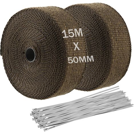 Lot de 2 Ruban Isolant Thermique - 15 m x 50 mm - Avec 20 serre-câbles en acier inoxydable - bande thermique echappement moto (1/5)