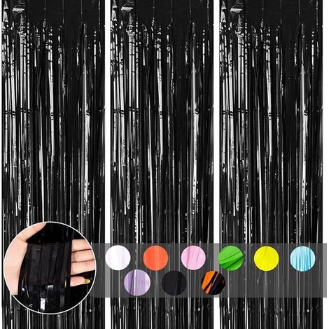 Ensemble de trois rideaux métalliques à pompons macarons noirs, 1 mètre x 2 mètres, rideaux en feuille pailletée avec décorations scintillantes, rideaux macarons noirs. (1/5)