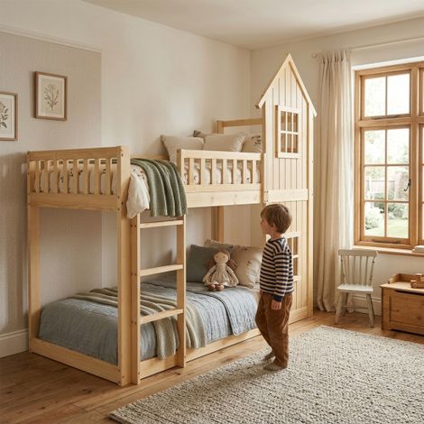 Letto a castello, letto per bambini, 2 finestre squisite, belle forme a casetta, scala a tre gradini, ringhiera su tutti i lati, pino + MDF, naturale, 90x200 cm (1/5)