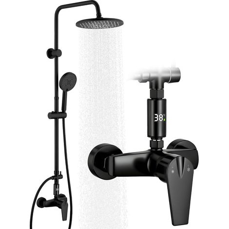 Colonne de Douche Noire avec Mitigeur Mécanique & Affichage LED, Hauteur Réglable sans Perçage, Douchette 3 Jets, Système de Douche en Laiton, Installation Murale Facile
