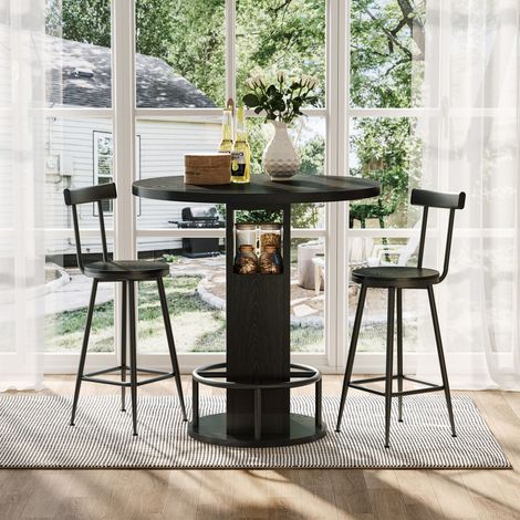 Ensemble bar 3 pièces, table ronde 80 cm et 2 tabourets, table repas en bois avec repose-pieds métal anneau, idéal salle à manger, café, pub, salon - Noir (1/5)