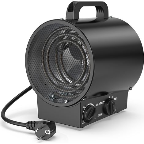 DAHTEC Tragbarer Industrieheizer 2000W SCHWARZ - Gebläseheizer mit Griff, Thermostat & Überhitzungsschutz - Für Zuhause, Garage, Bau