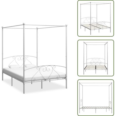 Himmelbett-Gestell Weiß Metall 160 x 200 cm - Himmelbett Gestell - Metallbettrahmen - Doppelbett Rahmen - Weißes Bettgestell - Bettgestell 160x200 (1/5)