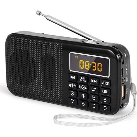 Radio portable FM avec batterie 3000mAh – 30h d'écoute – Prise en charge MP3/SD/USB/AUX – Haut-parleur 3W – Lanière de transport (1/5)