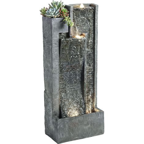 Beyamis Dreistufiger Gartenbrunnen mit Wasserfall, modernem, beleuchtetem Pflanzgefäß und Wasserwand mit 24 LEDs, 101 cm, Grau