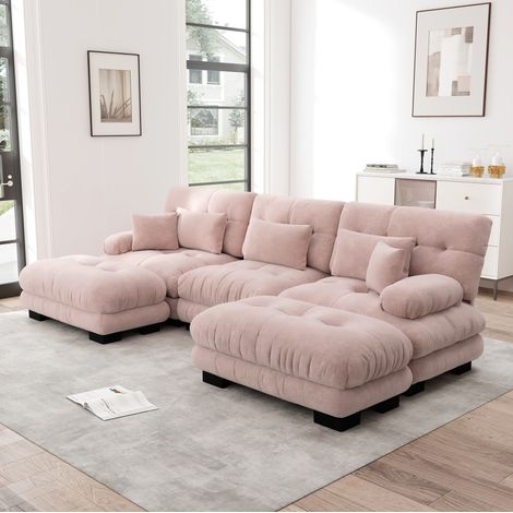 Sofá modular de esquina U, chenilla rosa, 313 x 145 x 81 cm, con otomanas HAVRYA (1/5)