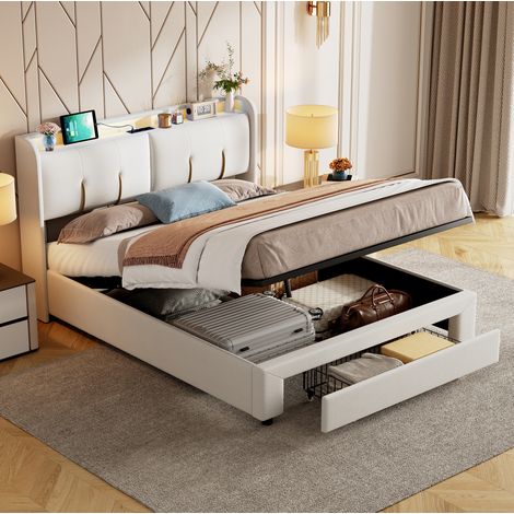 Letto contenitore 140x200x112 cm, testiera con luce soffusa e porta USB, legno MDF e legno massiccio, beige bianco (1/5)