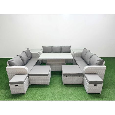 Fimous 8 Pieces Garden Rising Dining Table High Back Inclining Sofa Set 2 Big Footstool 2 Small Stool 2 Side Table Light Grey (1/5)