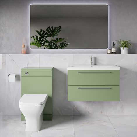 Napoli 390 Olive Green 1300mm Wall Mounted 2 Drawer Vanity Unit and Toilet Suite with Glide Basin - 1300mm - Chrome 480mm HandleWith Kingston Toilet Pan and Seat