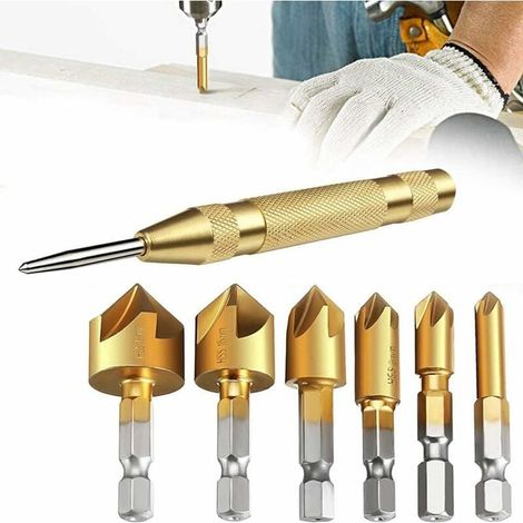 Forets Chanfrein,Fraises à Surfacer,Tête à Chanfreiner Outils, 6 PCS 1/4 '' Hex Shank HSS 5 90 Degree Poinonner pour Bois Quick Change (1/5)