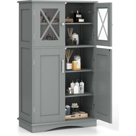 GOPLUS Meuble de Salle de Bain, 60 x 30 x 108 cm, Armoire de Toilette avec 3 Étagères Réglables, Finition Laquée Imperméable, Gris (1/5)