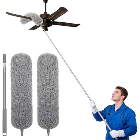 Plumeau avec Long Manche Télescopique et 2 Têtes de Plumeau Lavables en Microfibre – Outil de Dépoussiérage Extensible pour la Maiso (1/4)