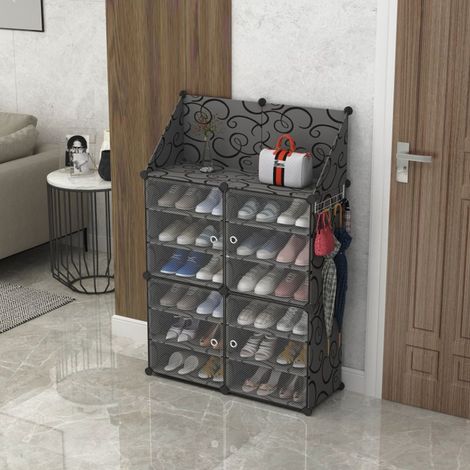 TRADE SHOP - Scarpiera 6 Livelli Portascarpe Impilabile Staccabile Porte Trasparenti Portaoggetti Ganci -