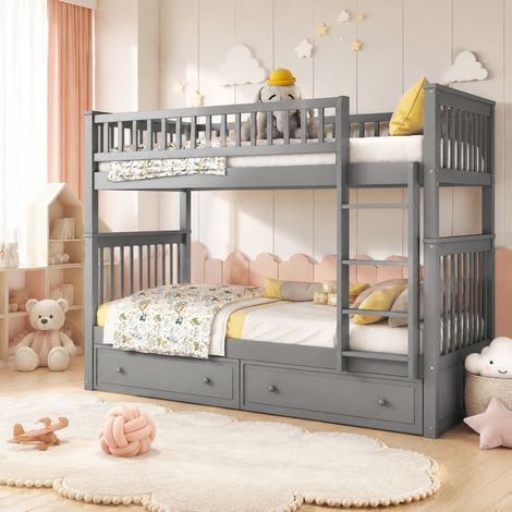 DESMIU Lit superposé 90 × 200 cm 2 places avec 2 tiroirs, convertible en 2 lits, sans matelas, gris (1/5)