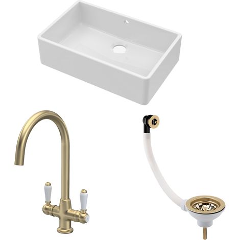 Fireclay Kitchen Bundle - 1 Bowl Butler Sink with Overflow, Waste & Mono Lever Handle Tap, 795mm - Brushed Brass