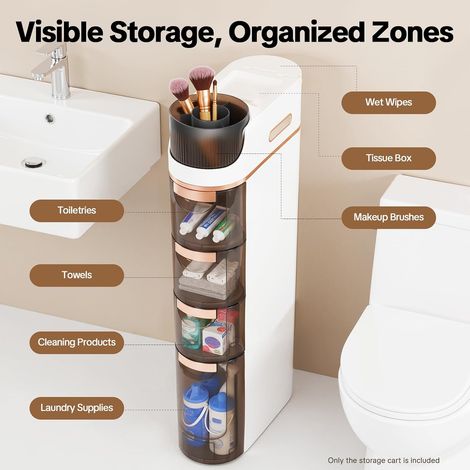4 Lagen schmaler dünner Aufbewahrungswagen, Badekammer mit transparenter Schublade, wasserdichter Kunststoffschrank mit 4 Rädern für Küche, Wäscherei, Wohnzimmer, Toilettenspalten (1/5)