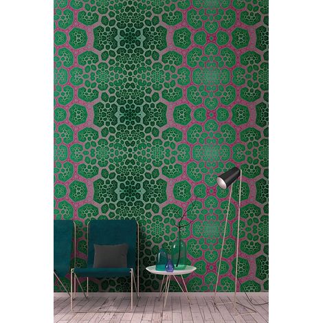 Papier peint panoramique original pour bureau | Tapisserie panoramique tendance à motif | Papier peint panoramique graphique vert et rose - 270 x 400 cm (4 pièces) (1/5)
