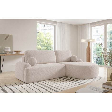 MIKIA - Canapé d’angle convertible en velours côtelé avec coffre de rangement - 265 cm - Beige (1/5)