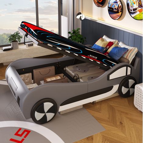 Lit cabane voiture enfant 90 x 200 cm avec sommier, rangement hydraulique, gris (1/5)