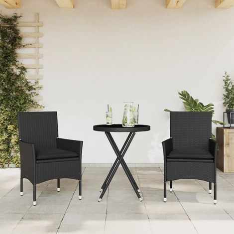 3-tlg. Bistro-Set mit Kissen Schwarz Poly Rattan und Glas (1/5)