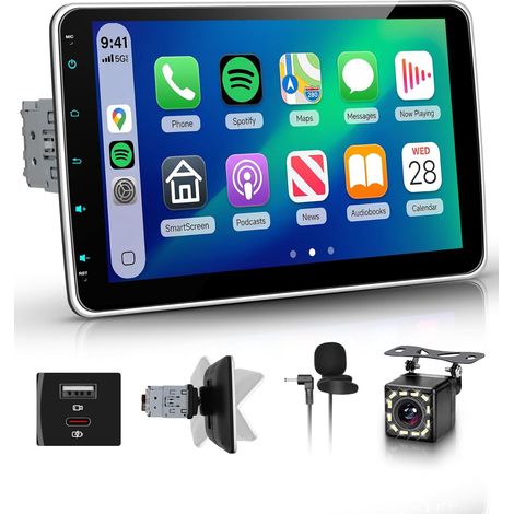 Autoradio 1 Din avec 10,1“ IPS Écran Amovible avec USB Type-C, avec CarPlay Android Auto sans Fil, Poste Radio avec Bluetooth 5.2/FM/EQ/SWC + Caméra de Recul (1/5)