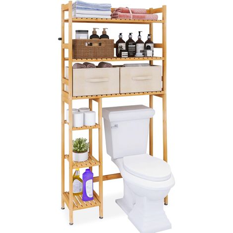 au-dessus du rangement des toilettes, étagère de rangement de salle de bain en bambou à 6 niveaux avec tiroirs, support d’organisateur de toilette autoportant au-dessus de la toilette (naturel) (1/5)