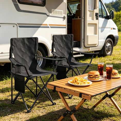 Campingstuhl klappbar aus Metall schwarz mit Getränkehalter, Seitentasche und Tragetasche (1/5)