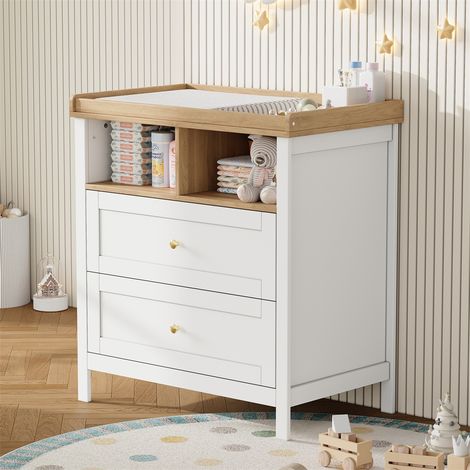 Commode à Langer - 82x50x90cm - Plan Amovible 2 Tiroirs Niches Rangement Évolutif Sécurisé Bébé Chambre - Naturel Blanc (1/5)
