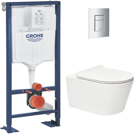 Grohe Pack WC Bâti autoportant Solido + WC sans bride SAT Brevis + Abattant ultra-fin softclose + Plaque chrome (AUTOPORTANT-BREVIS-1) (1/5)