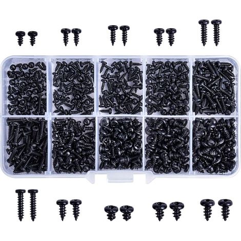 500Pcs Kit d'Assortiment de Vis Autotaraudeuses à Tête Ronde en Acier Au Carbone, 10 Taille Noir à Tête Fraisée à Empreinte Cruciforme Vis Avec Boîte De Rangement Pour Bois Plastique, Métal Mou (1/5)