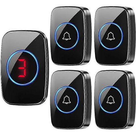 Sonnette sans fil intelligente étanche, kit de sonnette 1 à 2 portes, sonnette électronique numérique avec affichage numérique, sonnerie puissante et alerte lumineuse pour la maison et le bureau (4 ém