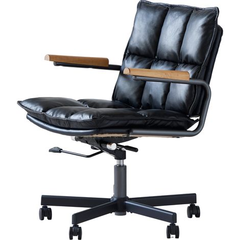 Sedia da ufficio ergonomica in pelle nera con ruote, braccioli in legno e altezza regolabile (1/5)