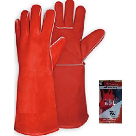 guante de soldador mig/tig. serraje de vacuno. crupón rojo. longitud 40 cm. cinco dedos con pulgar independiente. talla