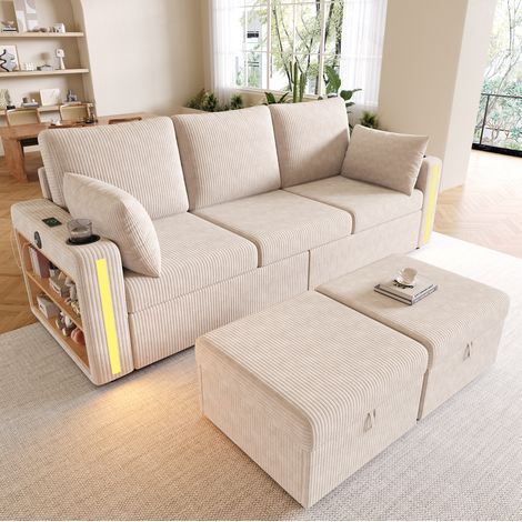 Divano modulare U L 190x130x85 cm, con 2 pouf contenitore, luci LED, porte USB Type C, tessuto corduroy beige (1/5)