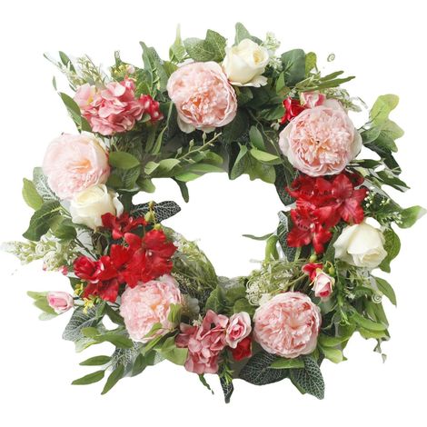 (Hinweis: Designdetail) Neue florale Türdekoration für Frühling/Sommer in Rosa und Pfingstrose, Außendurchmesser ca. 50 cm. Materialien: Rattanring, Seidenstoff und Kunststoff. (1/5)