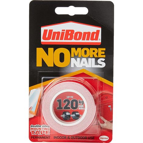 UniBond Niente più chiodi su un rotolo, nastro biadesivo per un incollaggio istantaneo affidabile, nastro adesivo multiuso, strisce adesive per uso interno/esterno, rotolo da 19 mm x 1,5 m (1/4)