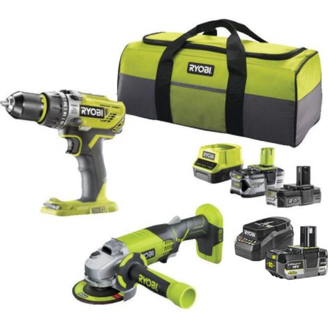 Pack 18V RYOBI Perceuse-visseuse à percussion - Meuleuse d'angle - 1 batterie 18V 2.0 Ah - 2 batteries 18V 4.0 Ah - 2 chargeurs (1/5)