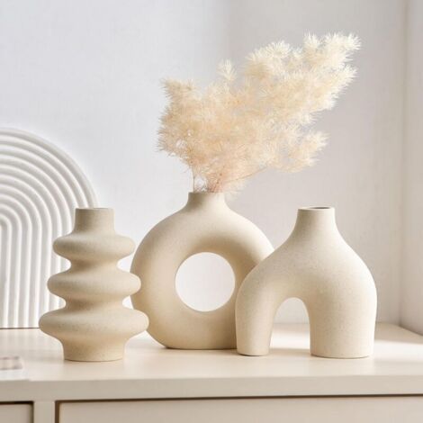 Vases décoratifs, style bohème moderne, pour la décoration intérieure, centres de table ronds en céramique blanche, lot de 3, Beige (1/5)