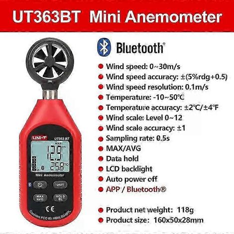 Anémomètre numérique portable UT363 (UT363BT) - Instrument de mesure de la vitesse du vent et de la température avec écran LCD - Anémomètre à flux d'air (UT363BT) (1/5)