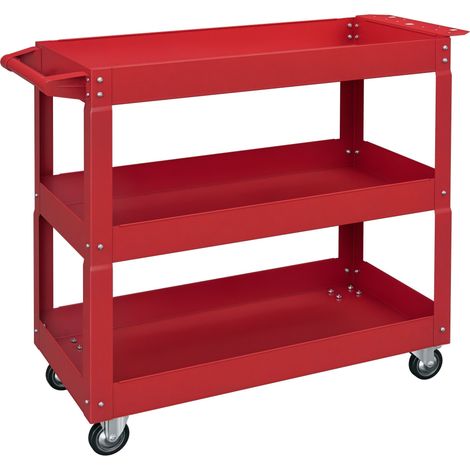 Carrello attrezzi a 3 ripiani in acciaio con 4 ruote, dimensioni 83×35,3×76 cm, colore rosso, robusto e pratico per officina e garage