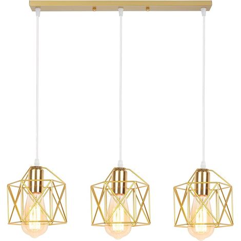 Suspension Luminaire Vintage, 3 Lampes Lustre Industriel en Fer Design Cage Abat-jour Plafonnier E27 Éclairage de Plafond Rétro Suspension pour Salon Chambre Bar (Doré, Type de Barre) (1/2)