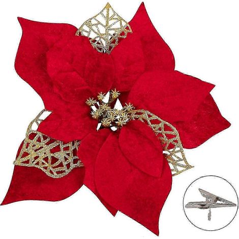 15 poinsettias artificiels, décorations de Noël, ornements pour sapin, paillettes rouges et dorées avec clips (1/5)