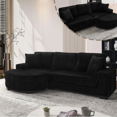Sofá rinconera 256.5x133.5x89 cm negro en pana con relleno de espuma, diseño modular con otomana ovalada (1/5)