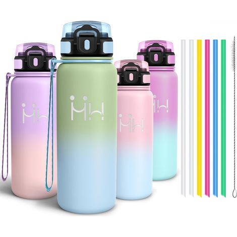 Gourde Inox 750ml, Bouteille Isotherme avec six Pailles et 1 Brosse à épong, Conservation du Chaud et du Froid, sans BPA, Réutilisable, Bouteille - Vert vif (1/5)