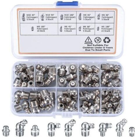 60 Pièces graisseur a Visser, Assortiment Graisseur M6 M8 M10, Droit Graisse Raccord 45° 90° 180°, avec Boîte en Plastique, pour Équipement Mécanique, Embout de Graissage Fixations