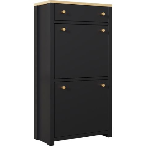 Moderne schmale Schuhkommode mit 1 Schublade und 2 Türen, MDF schwarz in Holzoptik, 50 x 24 x 95 cm (1/5)