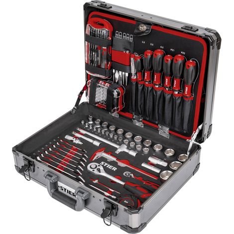 STIER Universal-Werkzeugsortiment im Aluminiumkoffer 144-teilig, Werkzeugkoffer bestückt gefüllt, Werkzeug Set, 4 Fächer mit Schraubendrehern, Scheren, Zangen, Säge u.v.m.