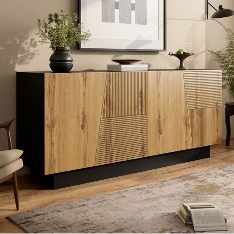 FLORAGRACE Buffet de rangement 160 cm noir et bois avec étagère réglable pour salon (1/5)