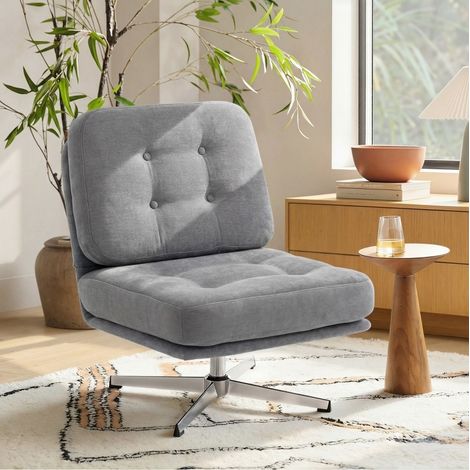 Sillón giratorio 71x69x44 cm gris claro en metal y chenilla con asiento ancho y rotación 360° (1/3)