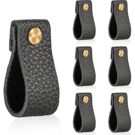 Manici in pelle - Maniglie per mobili in pelle nera - set di 6 - 18 x 2.5 cm - Eleganti maniglie in cuoio a forma di anello per armadi, cassetti e sportelli (1/5)